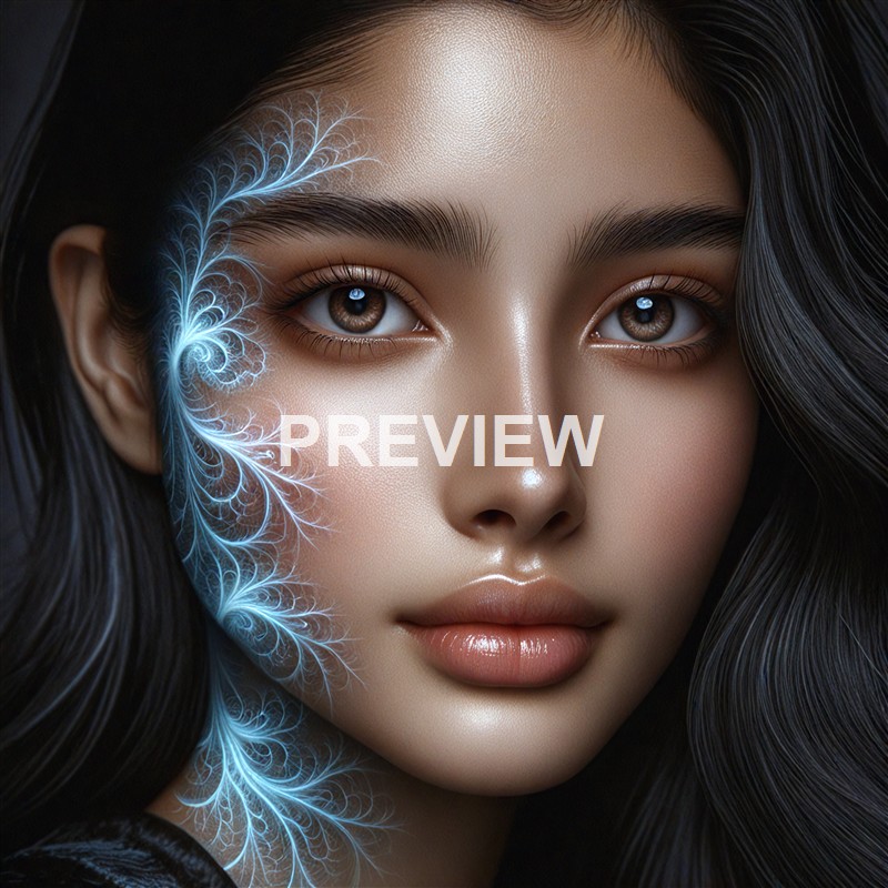 A close-up portrait of a woman with flawless skin and long, dark hair, featuring an intricate, glowing blue, tree-like digital design on her left cheek.